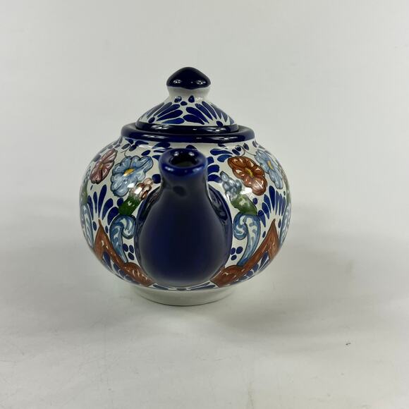 Talavera Pottery Teapot Ansar Puebla Mexico Hand Painted Floral Folk Art 7"x4.5" - Picture 5 of 12